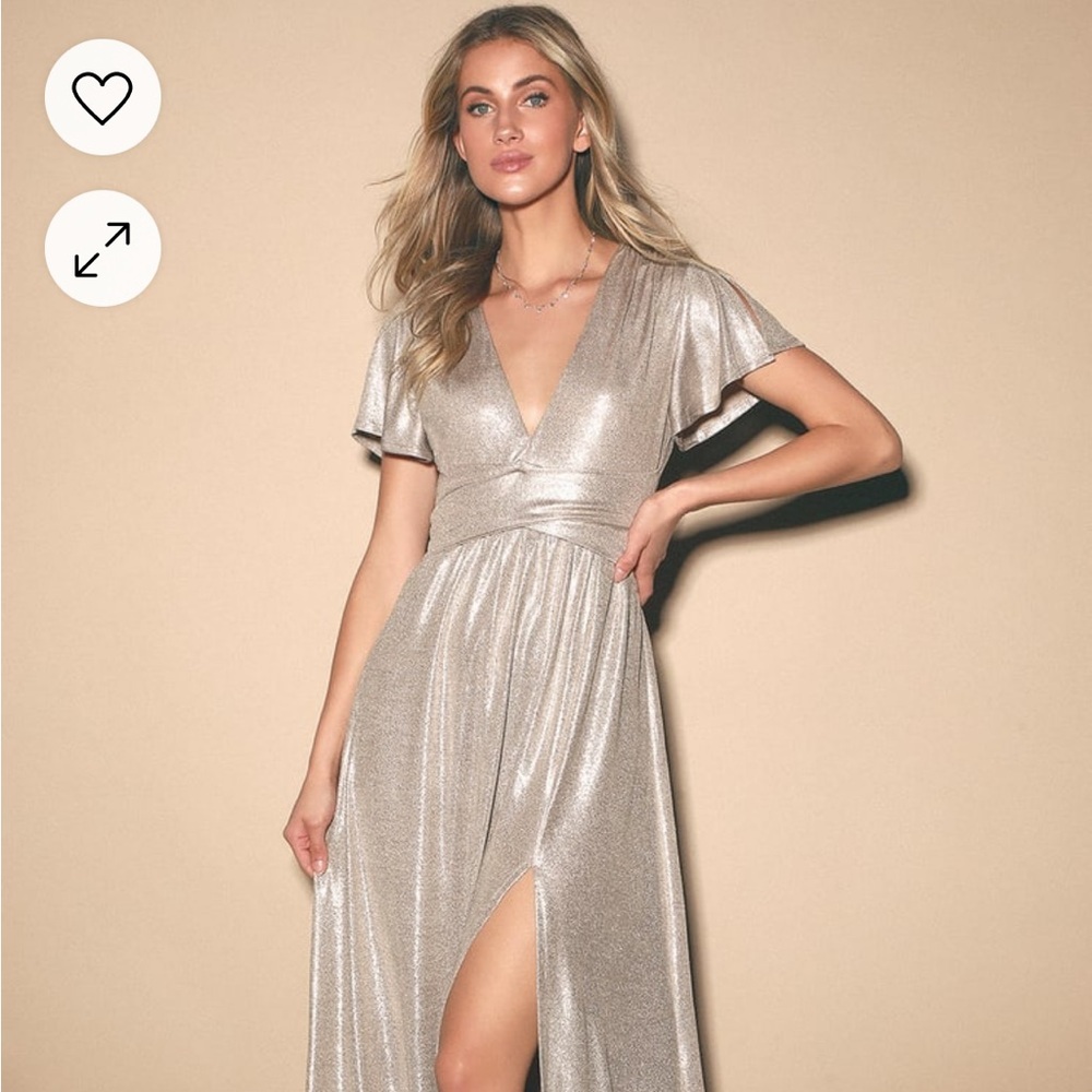 NWT Lulu’s Midnight Moonlight Light Gold Flutter Sleeve Maxi Dress